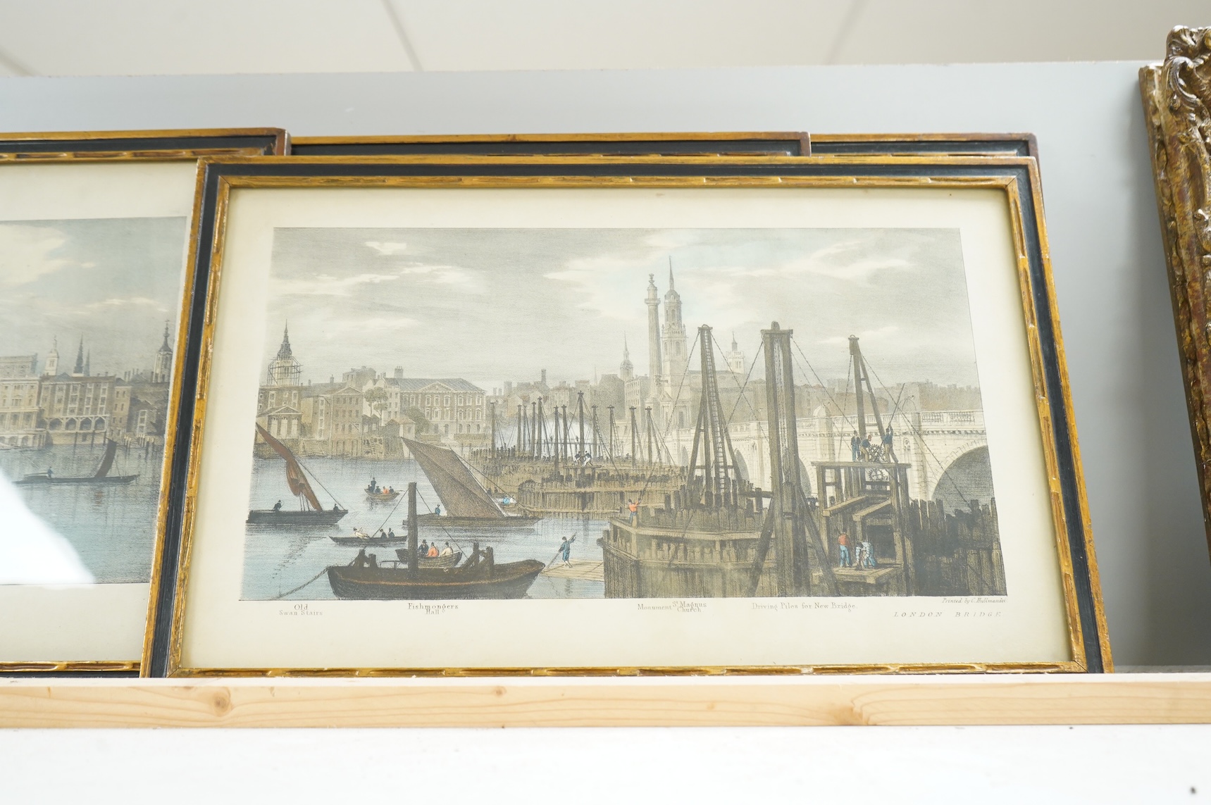 A set of four colour prints, London views to include St Paul’s and London Bridge, printed by C. Hullmandel, together with two other etchings, one coloured, largest 26 x 63cm